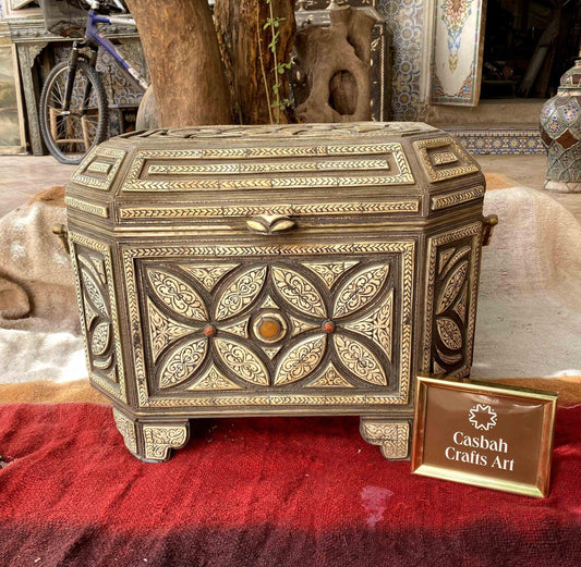 Vintage 1950s Berber Moroccan Box - Handcrafted Wood & Camel Bone with Original Coral Inlay - Unique Tribal Design