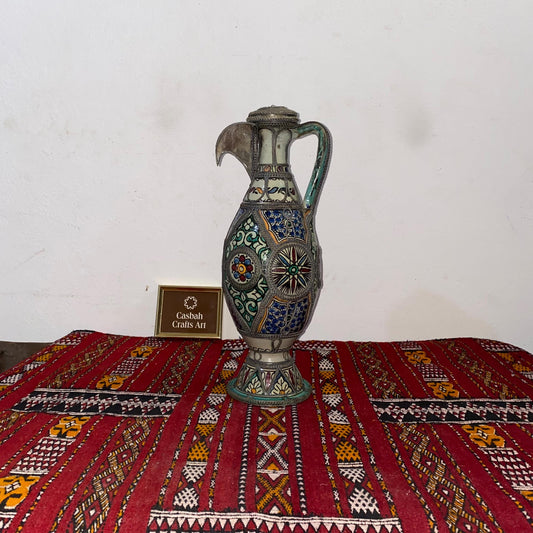 Vintage 1930s African Clay & Metal Cup | Unique Handcrafted Art - Antique Berber Blue Vase - Exquisite Home Decor