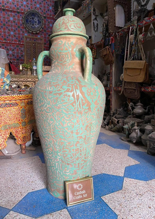 Rare Vintage 80cm Moroccan Pottery Vase with Quranic Carvings – 1950, Rare & Unique, Excellent Condition